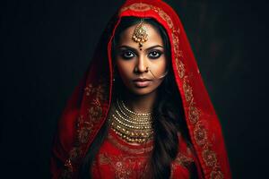 hermosa indio niña hindú hembra modelo en sari y kundan accesorios rojo tradicional disfraz de India foto