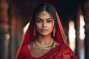 Beautiful Indian girl Hindu female model in sari and kundan accessories red traditional costume of india photo