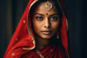 Beautiful Indian girl Hindu female model in sari and kundan accessories red traditional costume of india photo