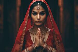 hermosa indio niña hindú hembra modelo en sari y kundan accesorios rojo tradicional disfraz de India foto