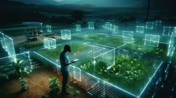 Digital Agricultural Biotechnology Holographic plant concept for biotechnology or bioengineering. photo