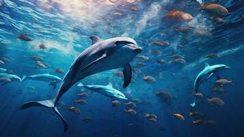 dolphins swimming in the blue ocean , Dolphins inhabiting Mikurajima in Tokyo photo