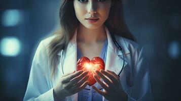 Female doctor touchstone virtual heart in hand hand drawn human organs Highlighting red is a symbol of disease. hospital treatment concept photo