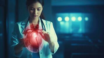 hembra médico piedra de toque virtual corazón en mano mano dibujado humano órganos destacando rojo es un símbolo de enfermedad. hospital tratamiento concepto foto