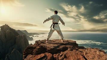 Isolated white karate fighter in white uniform standing in the middle of a cliff photo