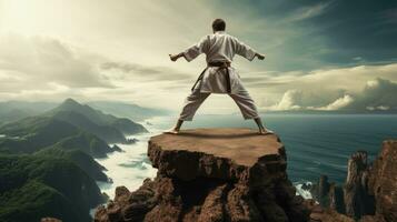 Isolated white karate fighter in white uniform standing in the middle of a cliff photo