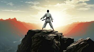 Isolated white karate fighter in white uniform standing in the middle of a cliff photo