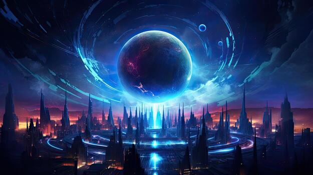 Stars, planets, fantasy landscapes of the future. Futuristic space sci-fi abstract background Sci-fi landscape with planets, neon lights, cool planets, 3D render. photo