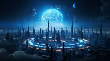 Stars, planets, fantasy landscapes of the future. Futuristic space sci-fi abstract background Sci-fi landscape with planets, neon lights, cool planets, 3D render. photo