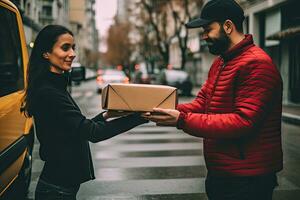 hembra mano recepción un caja desde el entrega persona, en línea entrega persona foto