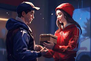 Female hand receiving a box from the delivery person, online delivery person photo