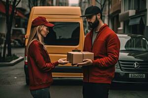 hembra mano recepción un caja desde el entrega persona, en línea entrega persona foto