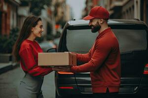 hembra mano recepción un caja desde el entrega persona, en línea entrega persona foto