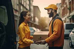 Female hand receiving a box from the delivery person, online delivery person photo