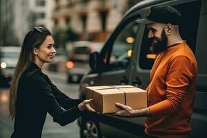 hembra mano recepción un caja desde el entrega persona, en línea entrega persona foto