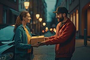 hembra mano recepción un caja desde el entrega persona, en línea entrega persona foto