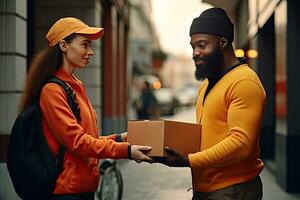 Female hand receiving a box from the delivery person, online delivery person photo