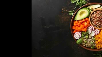 Red quinoa bowl with avocado, radishes, scallions, cherry tomatoes, chives and fresh basil. Top view. Copy space. photo