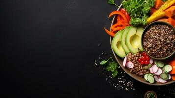 Red quinoa bowl with avocado, radishes, scallions, cherry tomatoes, chives and fresh basil. Top view. Copy space. photo