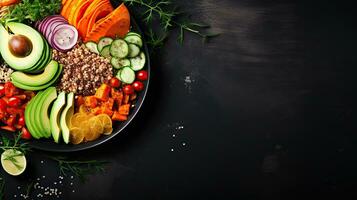 Red quinoa bowl with avocado, radishes, scallions, cherry tomatoes, chives and fresh basil. Top view. Copy space. photo