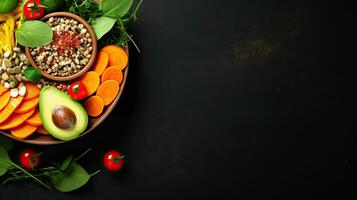 Red quinoa bowl with avocado, radishes, scallions, cherry tomatoes, chives and fresh basil. Top view. Copy space. photo