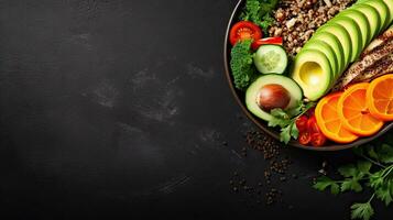 Red quinoa bowl with avocado, radishes, scallions, cherry tomatoes, chives and fresh basil. Top view. Copy space. photo