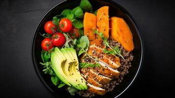 Red quinoa bowl with avocado, radishes, scallions, cherry tomatoes, chives and fresh basil. Top view. Copy space. photo