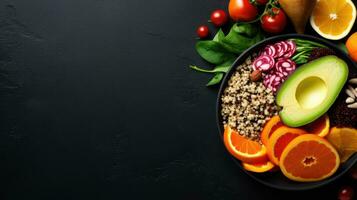 Red quinoa bowl with avocado, radishes, scallions, cherry tomatoes, chives and fresh basil. Top view. Copy space. photo