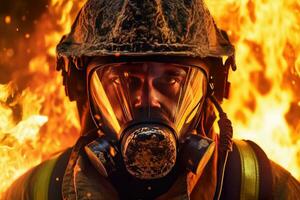 Close-up of firefighters wearing masks. Fight wildfires as climate change and global warming drive wildfire trends around the world photo