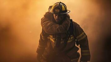 Close-up of firefighters wearing masks. Fight wildfires as climate change and global warming drive wildfire trends around the world photo