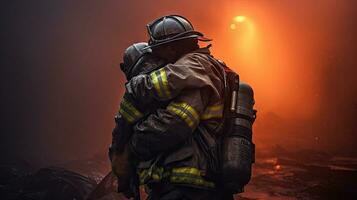 Close-up of firefighters wearing masks. Fight wildfires as climate change and global warming drive wildfire trends around the world photo