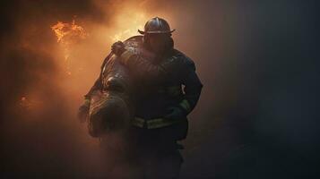 Close-up of firefighters wearing masks. Fight wildfires as climate change and global warming drive wildfire trends around the world photo