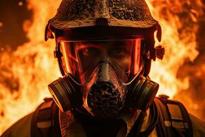 Close-up of firefighters wearing masks. Fight wildfires as climate change and global warming drive wildfire trends around the world photo