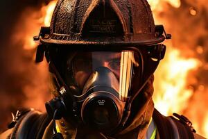 Close-up of firefighters wearing masks. Fight wildfires as climate change and global warming drive wildfire trends around the world photo