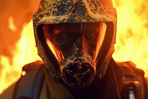 Close-up of firefighters wearing masks. Fight wildfires as climate change and global warming drive wildfire trends around the world photo