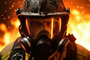 Close-up of firefighters wearing masks. Fight wildfires as climate change and global warming drive wildfire trends around the world photo