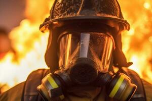 Close-up of firefighters wearing masks. Fight wildfires as climate change and global warming drive wildfire trends around the world photo