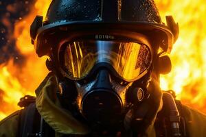 Close-up of firefighters wearing masks. Fight wildfires as climate change and global warming drive wildfire trends around the world photo