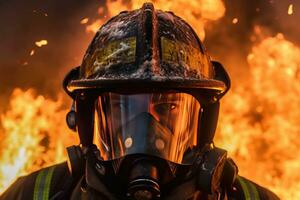Close-up of firefighters wearing masks. Fight wildfires as climate change and global warming drive wildfire trends around the world photo