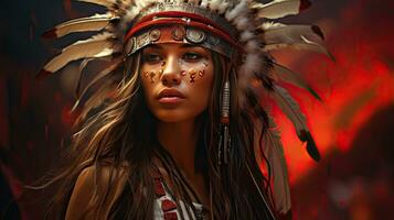 beautiful red indian woman with large American Indian feather background photo