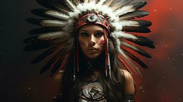 beautiful red indian woman with large American Indian feather background photo