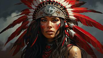 beautiful red indian woman with large American Indian feather background photo