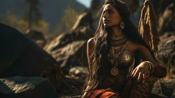 hermosa rojo indio mujer con grande americano indio pluma antecedentes foto