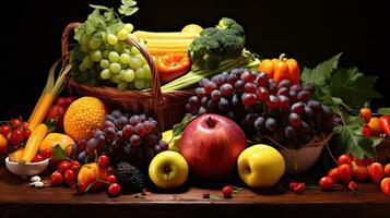 Studio shot of various fruits and vegetables isolated on black background. Top view. High resolution products photo