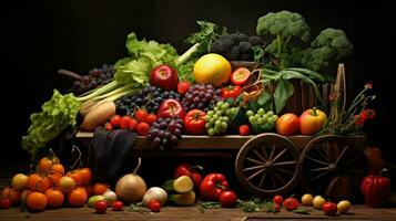 Studio shot of various fruits and vegetables isolated on black background. Top view. High resolution products photo