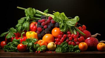 Studio shot of various fruits and vegetables isolated on black background. Top view. High resolution products photo
