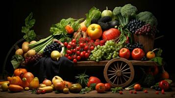 Studio shot of various fruits and vegetables isolated on black background. Top view. High resolution products photo