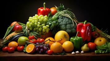 Studio shot of various fruits and vegetables isolated on black background. Top view. High resolution products photo