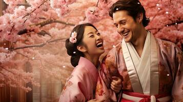 Portrait of a young couple in yukata standing together under the cherry blossom tree. photo