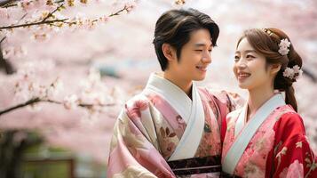 retrato de un joven Pareja en yukata en pie juntos debajo el Cereza florecer árbol. foto